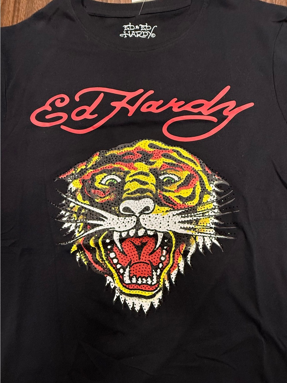 Ed Hardy Black Tee with Red Script Rhinestones Tiger Graphic NWT Large 🐯 - Picture 2 of 10
